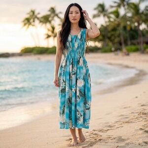 Sunny Island Hawaii Blue Floral Smocked Rayon Midi Dress S Med Tropical Hawaiian